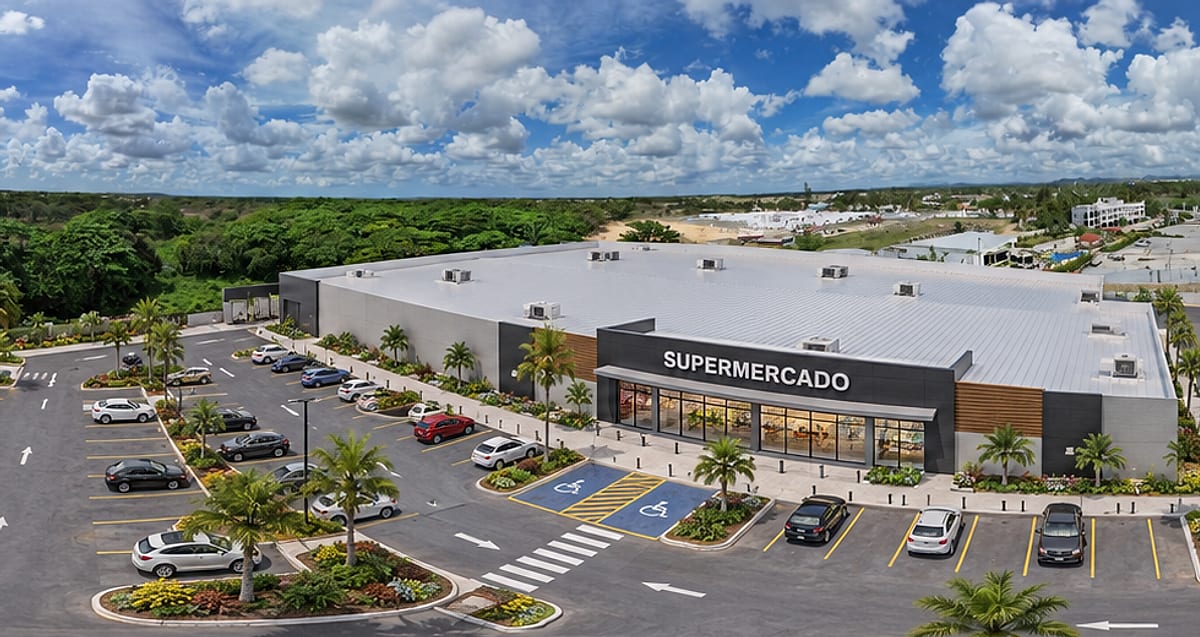 Render conceptual de la propuesta: supermercado con estacionamiento